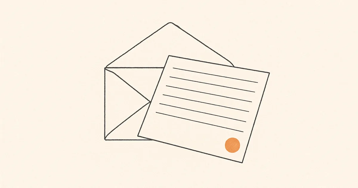 Illustration eines geöffneten Briefumschlags, aus dem ein Blatt mit leeren Zeilen und einem orangefarbenen Siegel gleitet