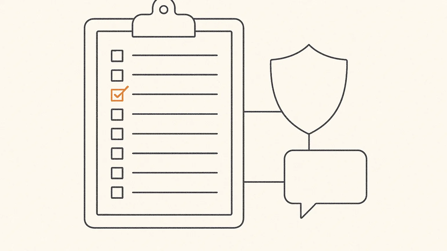 Klemmbrett mit Checkliste, ein Kästchen orange abgehakt, daneben ein Schild-Symbol und eine Sprechblase, verbunden durch feine Linien