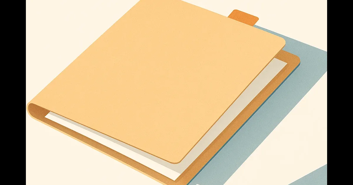 Illustration einer geschlossenen Aktenmappe mit leeren Blättern und einem orangefarbenen Lesezeichen am oberen Rand