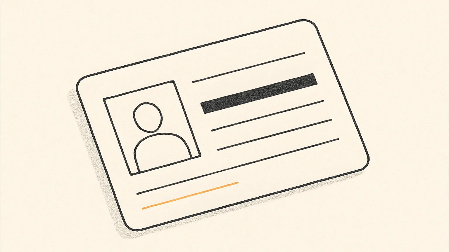 Illustration einer Ausweiskarte mit Porträt-Silhouette und textlosen Zeilen, eine Zeile ist mit einem schwarzen Balken geschwärzt, eine weitere orange unterstrichen