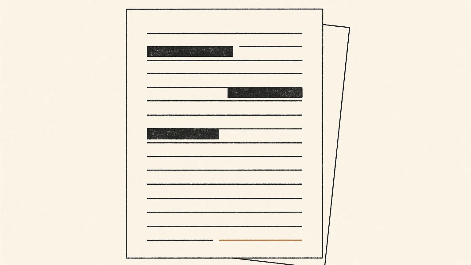 Illustration eines Abrechnungsblatts mit textlosen Tabellenzeilen, mehrere Zeilen sind mit schwarzen Balken abgedeckt, die Summenzeile ist orange markiert