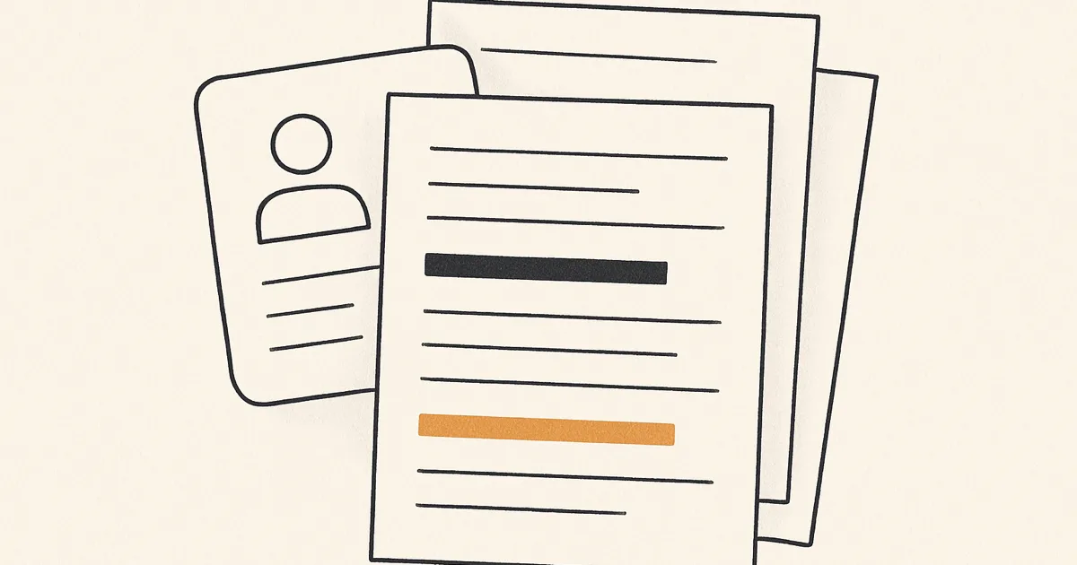 Illustration dreier Dokumente mit textlosen Zeilen, eine Zeile ist mit einem schwarzen Balken geschwärzt, eine weitere orange hervorgehoben